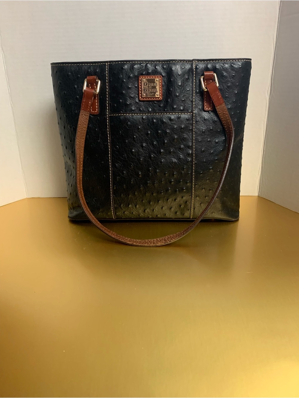 Dooney & Bourke Black Ostrich-Embossed Tote with Brown Straps